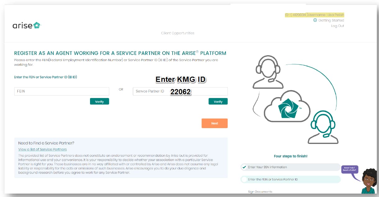Arise Account Creation, Search for KMG